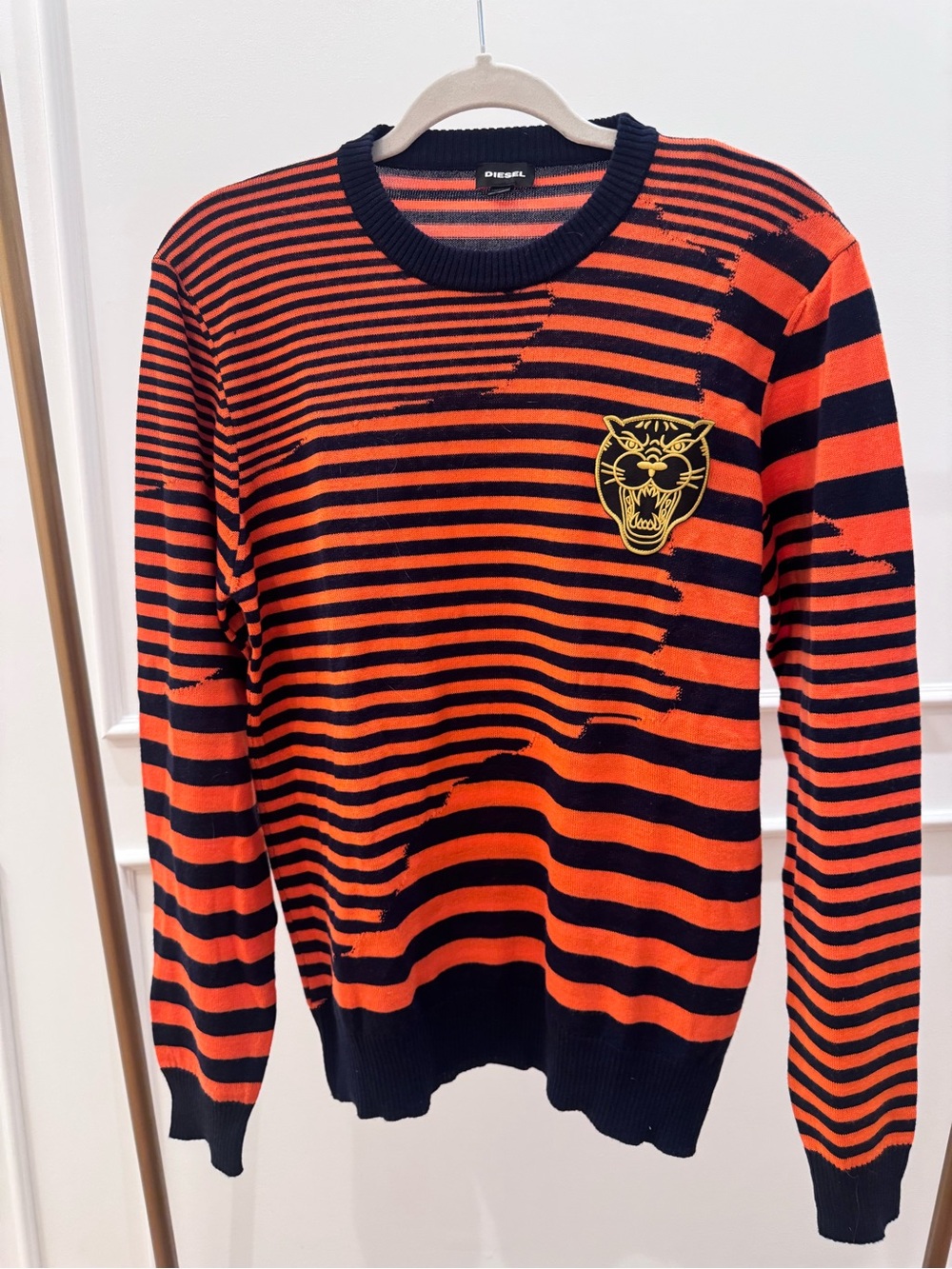 Diesel Orange and navy Striped Crewneck with Tiger Patch